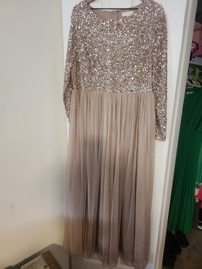 Sequin Bodice Long Sleeve Maxi Dress in Champagne